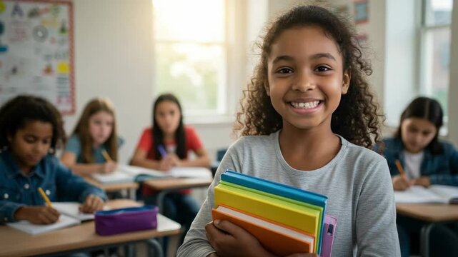 Cheerful black schoolgirl with books looking at camera in class. Young female pupil ready for learning in a diverse elementary school environment.