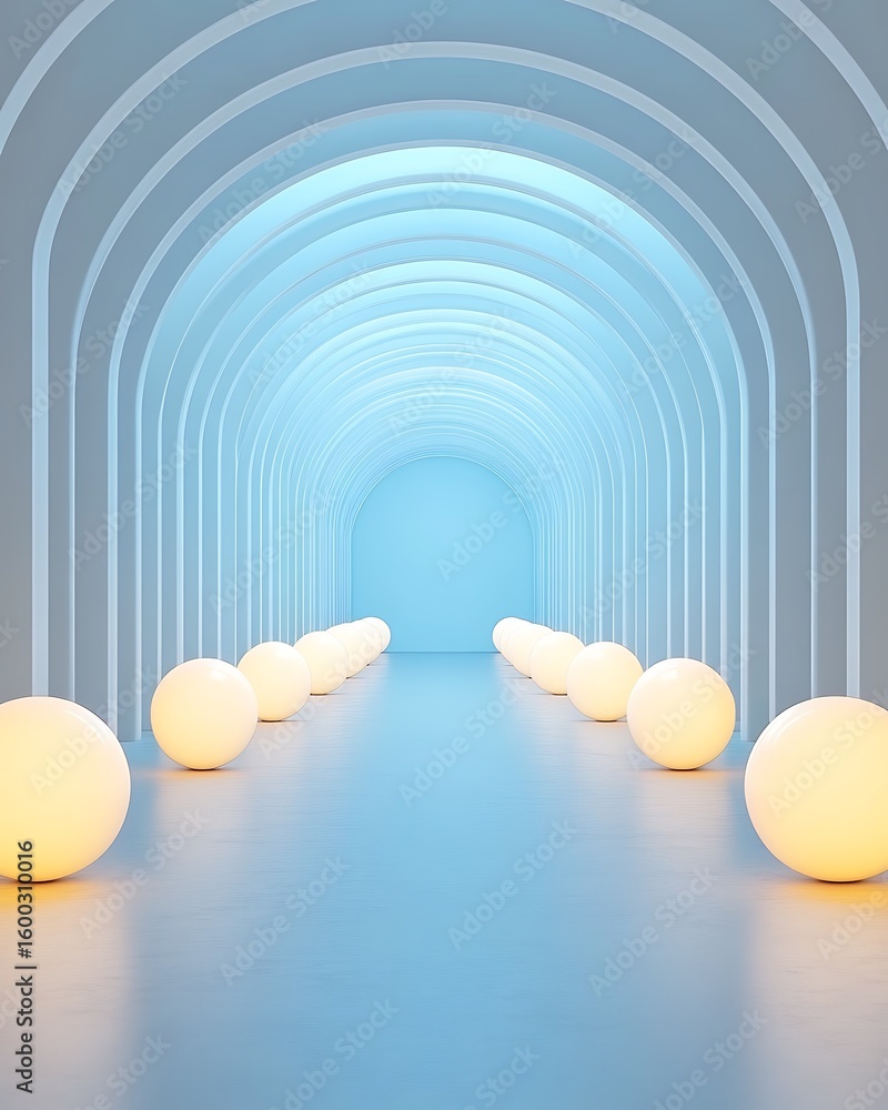 Poster cyber virtual graphic virtualization aesthetic concept, serene blue archway with illuminated spheres