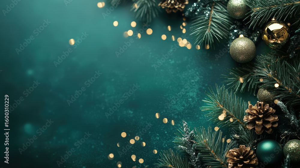 Poster christmas ornaments and pine branches create a festive background with sparkling bokeh lights.