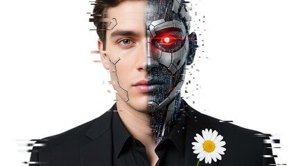 Man and machine fusion a striking visual of humanoid cyborg technology and artificial intelligence blending with a delicate flower emblem. Ideal for futuristic editorial illustrations, technology 