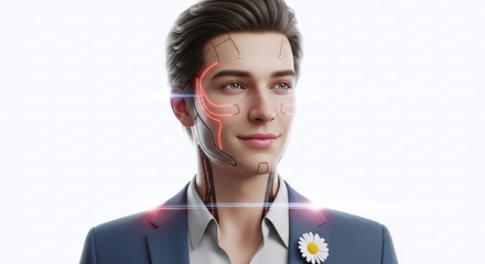 Futuristic man with digital interface overlaying his face wearing a suit with a daisy pin representing advanced technology and modern style. Ideal for futuristic editorial illustrations, technology 