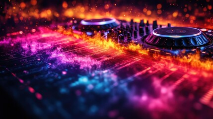 DJ equipment in vibrant flames