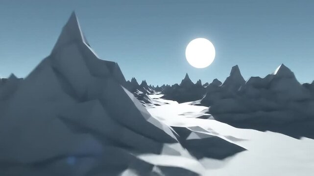 Low poly winter mountain landscape with bright sun