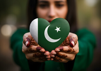 Pakistani Flag Heart Held by Woman with Henna Hands | Patriotism and Independence Day Celebration Image for National Pride and Cultural Events