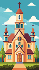 Fototapeta premium Vector art of a colorful illustration depicts a welcoming church featuring multiple towers a central steeple arched windows and a clear path leading to the entrance