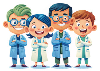Obraz premium Vector set of male and female pharmacists in lab coats, holding medicine or clipboard. Healthcare professionals cartoon for pharmacy, hospital, drugstore, and medical service illustrations