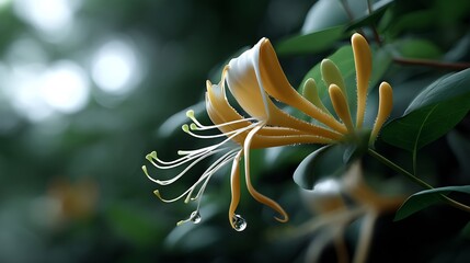 Delicate Honeysuckle Bloom with Water Droplets in a Serene Natural Setting