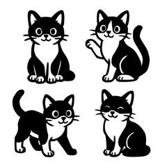 Cute Black and White Cartoon Cats in Various Poses