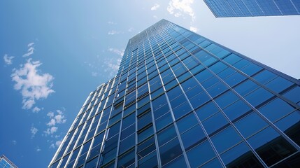 Fototapeta premium Urban Skyline Majesty: Breathtaking High-Rise Building Panoramas – Gleaming Glass Facades, Towering Steel Structures, Sunlit Skyline Silhouettes, and Sprawling City Views in Wide-Angle Photography for
