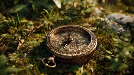Guidance in the wild: A detailed shot of a rustic compass rests upon moss, embodying exploration, navigation, and the call of the unknown.