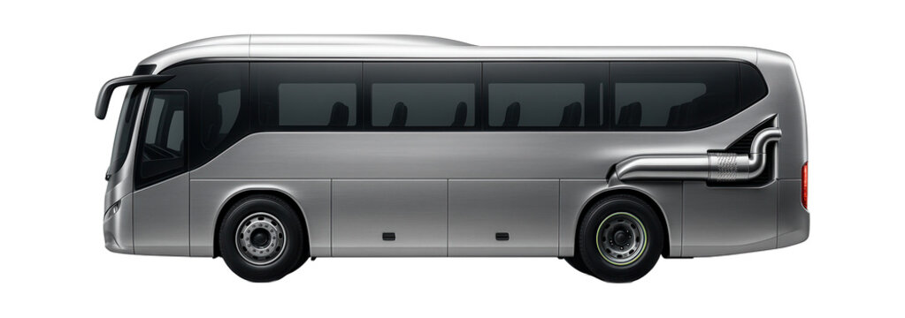 Low-emission bus with side-mounted exhaust and aerodynamic design