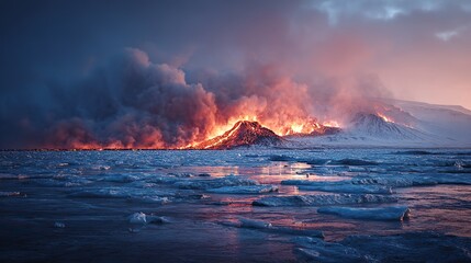 Fototapeta premium Photorealistic daylight view of volcanic eruption beside frozen glacier in Iceland, vibrant lighting and dramatic contrast of warm lava tones and icy blues, symbolizing climate tension and nature’s ex