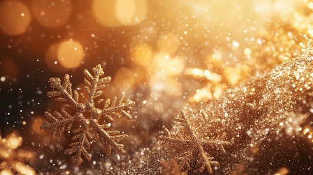 Warm golden Christmas background with snowflakes and sparkling bokeh lights ideal for postcards and wallpaper.