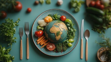 Earth-shaped plate with assorted vegetables