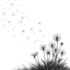 Monochromatic illustration showcases dandelion artwork with floating seeds in a peaceful field. Delicate seed heads disperse in the air, against a simple white backdrop with artistic grass.