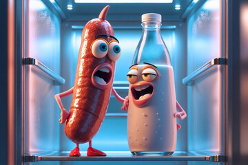 Surprised sausage and chill milk bottle characters meet in a wide-open fridge, creating a fun, humorous scene. Perfect for food, animation, or playful design projects