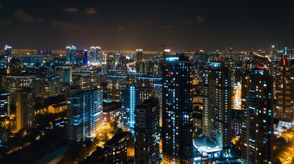 Obraz premium Urban Skyline Majesty: Breathtaking High-Rise Building Panoramas – Gleaming Glass Facades, Towering Steel Structures, Sunlit Skyline Silhouettes, and Sprawling City Views in Wide-Angle Photography for
