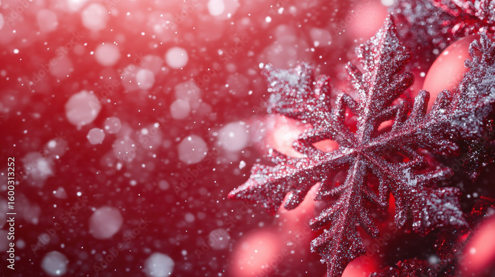 Poster glittering red snowflake against a soft bokeh backdrop for christmas and new year.