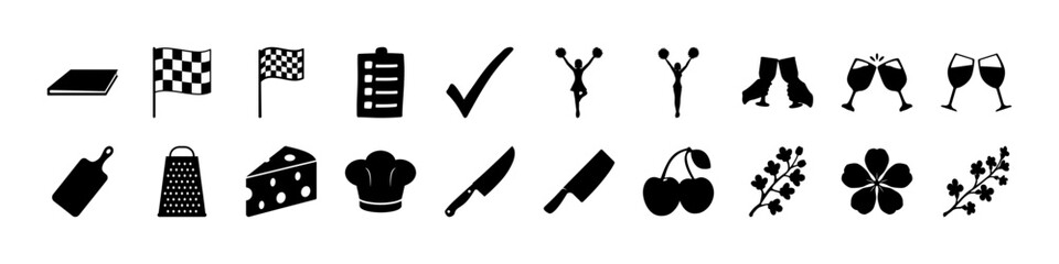 Black Silhouette Icon Set – Cooking, Cheerleading, Celebrations, Food, and Nature Symbols - A clean black silhouette vector icon set featuring various themes including culinary tools