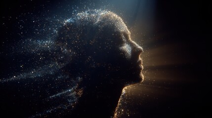 Ephemeral Reverie: A woman's silhouette, partially dissolving into a cloud of ethereal particles, gazes towards a distant, radiant light source, symbolizing dreams, hope.