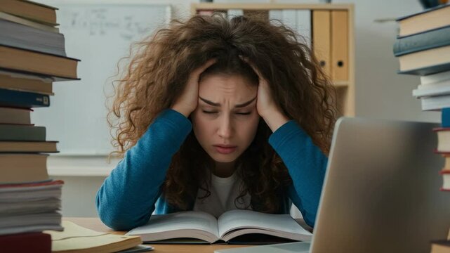 Exhausted and stressed young female student sitting at a desk with piles of books and a laptop. Feeling overwhelmed by homework and exam preparation.