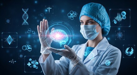 A doctor in a lab coat and surgical mask interacting with a holographic brain and medical icons around her