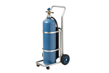 A large blue compressed gas cylinder with a pressure regulator valve, secured on a stainless steel transport trolley, isolated on a white background.