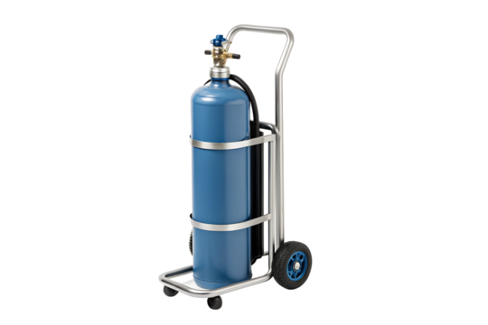 A large blue compressed gas cylinder with a pressure regulator valve, secured on a stainless steel transport trolley, isolated on a white background.