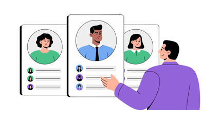 hiring manager reviewing diverse candidate profiles vector illustration, workforce diversity and human resource management