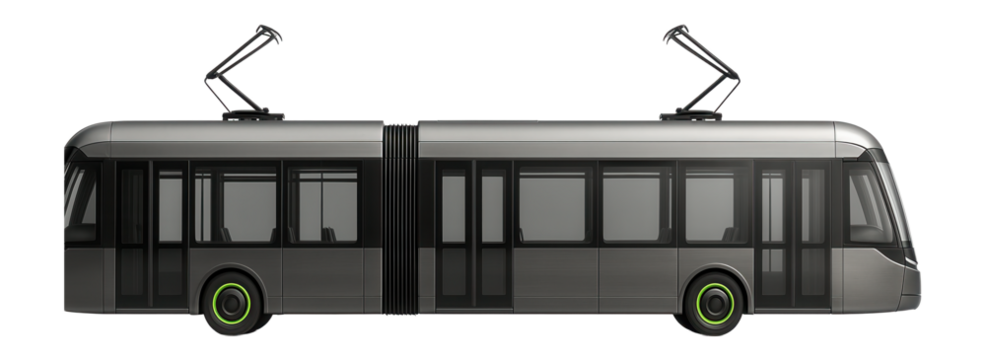 Bi-articulated tram with low-floor design and dual pantograph mounts