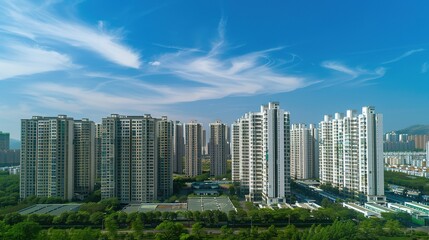 Obraz premium Urban Skyline Majesty: Breathtaking High-Rise Building Panoramas – Gleaming Glass Facades, Towering Steel Structures, Sunlit Skyline Silhouettes, and Sprawling City Views in Wide-Angle Photography for
