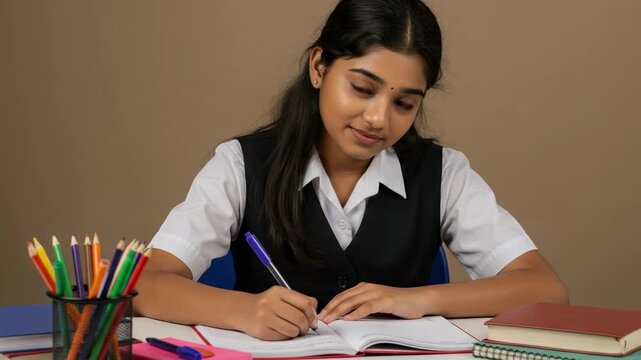 Portrait of a beautiful Indian teenage girl in school uniform studying at her desk. Young female student writing in a notebook and looking at the camera.