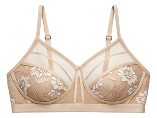 Elegant beige floral lace bra with sheer panels on background detailed product photography