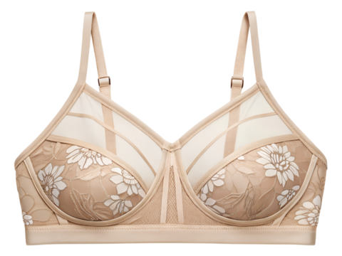Elegant beige floral lace bra with sheer panels on background detailed product photography