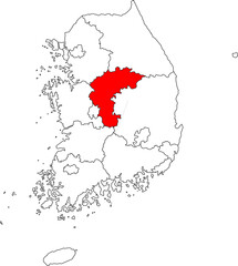 Map of Korea with Chungcheongbuk Province highlighted, ideal for geographic, nature, and regional-specific projects.

