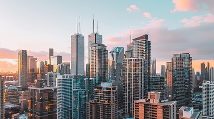 Obraz premium Urban Skyline Majesty: Breathtaking High-Rise Building Panoramas – Gleaming Glass Facades, Towering Steel Structures, Sunlit Skyline Silhouettes, and Sprawling City Views in Wide-Angle Photography for