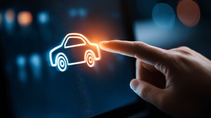 Fototapeta premium A hand interacting with a digital car icon on a touchscreen interface.