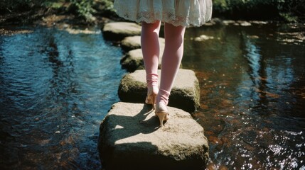 Stepping Stones: A person's delicate steps across a bridge formed by stones across a flowing waterway, creating a sense of balance, journey and exploration.