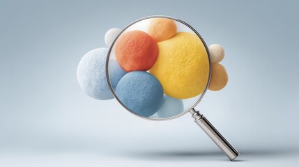 A magnifying glass revealing colorful spheres, symbolizing exploration and discovery.