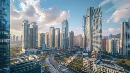Urban Skyline Majesty: Breathtaking High-Rise Building Panoramas – Gleaming Glass Facades, Towering Steel Structures, Sunlit Skyline Silhouettes, and Sprawling City Views in Wide-Angle Photography for