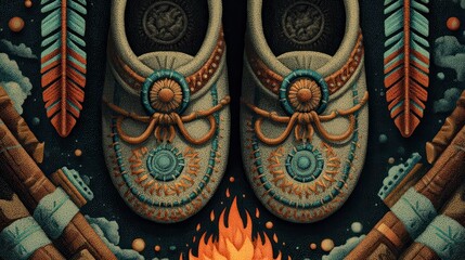 Illustrated Moccasins with Feathers, Fire, and Logs