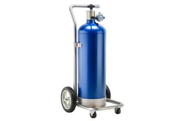 A portable blue medical oxygen cylinder with a pressure gauge and regulator on a wheeled metal trolley for mobility, isolated on a white background.