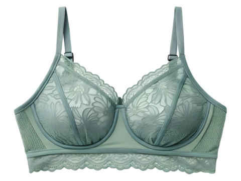 Close up of a stylish light green bra with floral lace details and seamless design for fashion and lingerie concepts