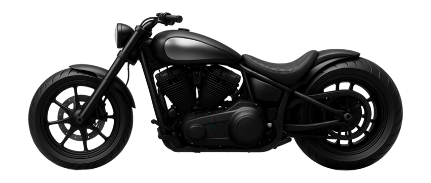Matte black chopper with a low-slung seat and wide rear tire