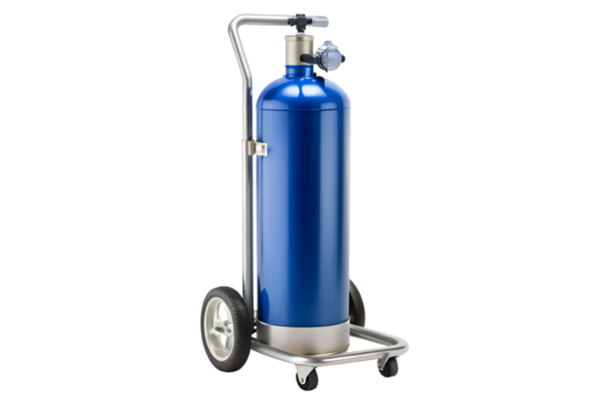 A portable blue medical oxygen cylinder with a pressure gauge and regulator on a wheeled metal trolley for mobility, isolated on a white background.