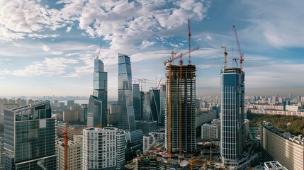 Obraz premium Urban Skyline Majesty: Breathtaking High-Rise Building Panoramas – Gleaming Glass Facades, Towering Steel Structures, Sunlit Skyline Silhouettes, and Sprawling City Views in Wide-Angle Photography for