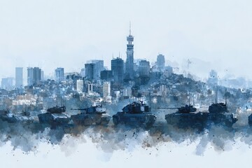 Military tanks are lined up in the foreground, contrasting with a hazy skyline of a bustling city in the background. The environment reflects a tense atmosphere amid urban development.