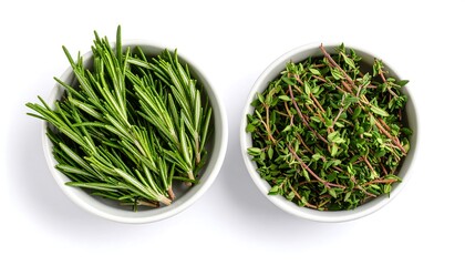 Fresh rosemary and thyme sprigs in small white bowls
