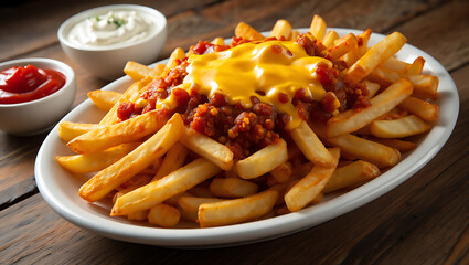 A Platter of Chili Cheese Fries Topped with Chili con Carne and Melted Cheese Sauce, with Dips