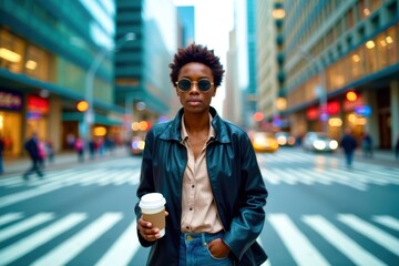 Fototapeta premium A woman in a brown jacket is walking down a city street holding a coffee cup